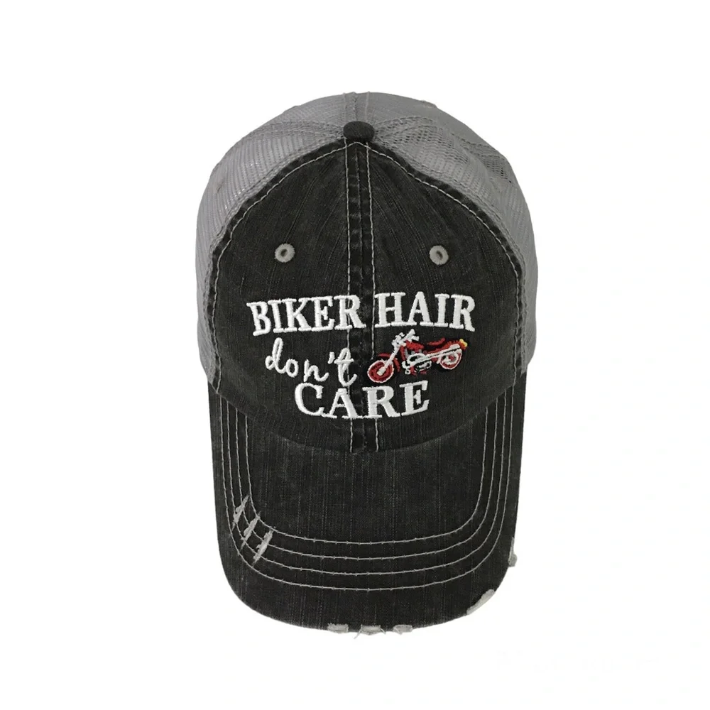 Biker Hair Don’t Care Distressed Embroidered Baseball Biker Cap - Picture 1 of 8